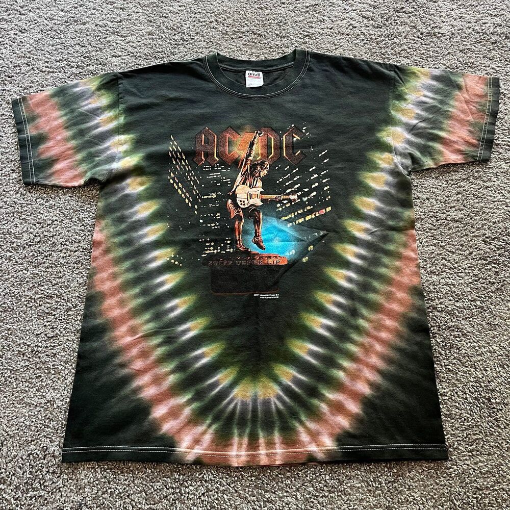 Vintage 2001 ACDC Stiff Upper Lip Tour Shirt Tie Dye Anvil Size Large AC/DC‎
